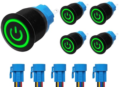ProRide Drukschakelaar ON-OFF 220V - 22mm Metaal - Waterdicht - LED Groen - Met Kabels - 5 stuks