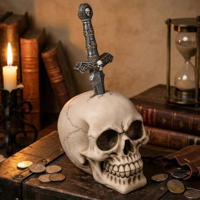 Dailygoods- Spaarpot Doodskop-Design - Handbeschilderd - Veiligheidsslot - Polyhars - Stijlvol Decoratiestuk - Duurzaam en Uniek - Spaarvarken