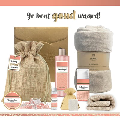 Geschenkset “Je bent goud waard!” - 8 producten - 1090 gram | Luxe Cadeaubox voor haar - Wellness Pakket Vrouw - Giftset Vriendin - Moeder - Cadeaupakket Collega - Cadeau Zus - Verjaardag Oma - Moederdag - Kerstpakket - Cadeau - Crème - Zalmroze