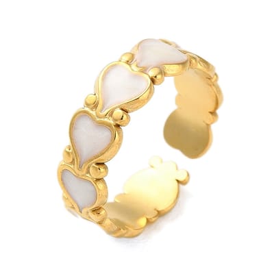 Ring stainless steel hartjes, witte emaille, bohemian, liefde, valentijn, one size ring, goudkleurig, 100% waterproof, verstelbare ring, cadeau