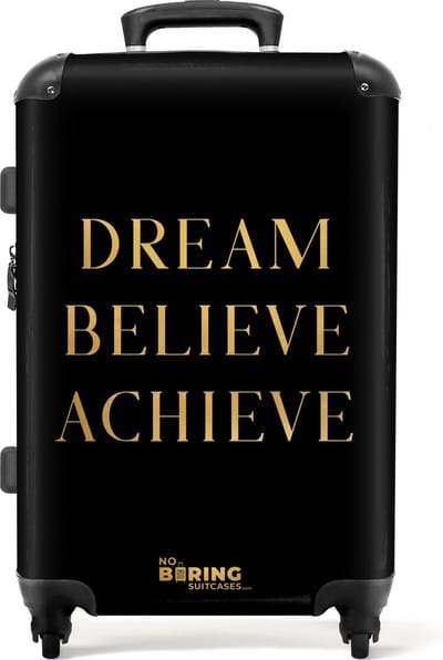 NoBoringSuitcases.com - Grote koffer mannen - Quotes - Dream believe achieve - Goud - Zwart - Luxe - Reiskoffer met 4 wielen - Trolley op wieltjes - Rolkoffer groot - 72 liter - Ruimbagage valies 20kg - Valiezen voor volwassenen
