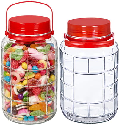 Alessandro XXL voedsel opslag container - 2x - glas - 4 liter - afsluitdop en hengsel - transparant/rood - Weckpotten - Opslagpotten - 17 x 27 cm