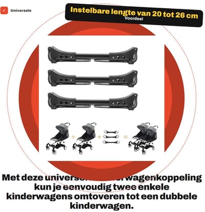 Dailygoods- Kinderwagenkoppeling Universeel - Verbindt 2 Enkele Kinderwagens - Instelbare Lengte 20-26 cm - Lichtgewicht Aluminium/Kunststof - Eenvoudige Montage - Kinderwagenconnector