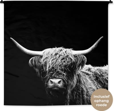 Wandkleed - Wanddoek - Schotse Hooglander - Koe - Zwart - Wit - Dieren - 150x150 cm - Wandtapijt