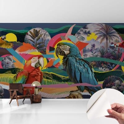 Coloray Zelfklevend Behang - Exotische vogels Zelfklevend fotobehang - 416x254 cm - Blauw Zelfklevend Behang - Voor de woonkamer, slaapkamer en kantoor - Herpositioneerbaar - Stickerbehang op rol