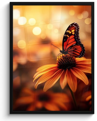 Poster in lijst - Fotolijst 50x70 cm - Posters - Vlinder - Bloemen - Oranje - Posterlijst zwart - Decoratie - Wanddecoratie woonkamer - Muurdecoratie slaapkamer