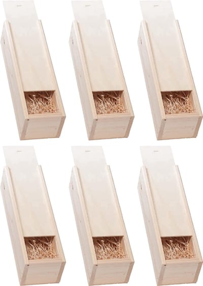 Set van 6 Houten Wijnkisten - Luxe Geschenkverpakkingen voor Wijnflessen - Inclusief Houtwol en Schuifdeksel - Bruin