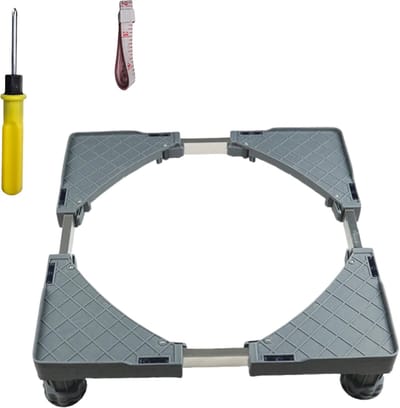 JustValue Wasmachine Verhoger - 150kg Draagkracht - 41-64 x 41-64cm - Hoogte 9-12cm - Ingebouwde Waterpas - Incl. Schroevendraaier, Schroeven en Meetlint - Universeel - Verstelbaar - Opbouwsokkel - Droger - Koelkast - Witgoed - Grijs