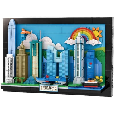 645 STUKS China Stad Shenzhen Postkaart Bouwstenen Educatief Speelgoed voor Kinderen Verjaardagscadeaus Creatieve Blokken Hangende Decoratie blue