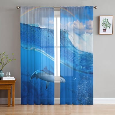 Haai Kleine Vis Oceaan Tule Gordijnen Voor Woonkamer Slaapkamer Voile Gordijn Huisdecoratie Transparant Balkondeurgordijn 135W x 114H(cm)