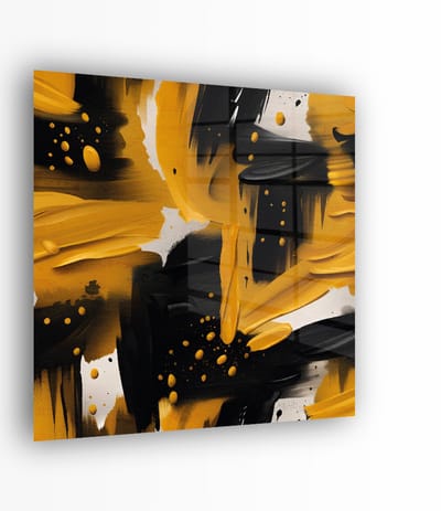 Indoorart - Glasschilderij Abstract zwart met geel 50x50 CM - Afbeelding op plexiglas - Inclusief montagemateriaal