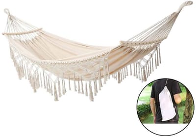 Dubbele Hangmat - Boho Hangmat Macrame Hangmat - voor 2 Personen - Grote Katoen Zachte Hangmat Bed - Voor Patio Achtertuin Veranda Gazon en Tuin (Wit, belasting: 250kg)