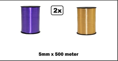 2x Krullint paars en goud 5mm x 500meter - krul lint kerst thema feest decoratie kado kado gold verjaardag
