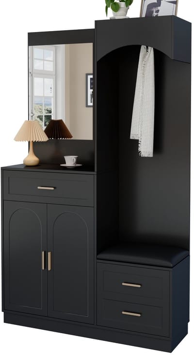 Halkasten - 120x40x45 cm - Moderne Kompaktgarderobe Met Garderobekast En Schoenenschrank, Spiegel, Multifunctioneel Opbergrek - Hout - Natuurlijk