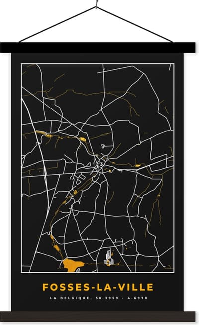 Posterhanger incl. Poster 40x60 cm - Schoolplaat - Stadskaart - Fosses-La-Ville - Plattegrond - Goud - Kaart - Textielposter - Zwarte latten - Stadskaart