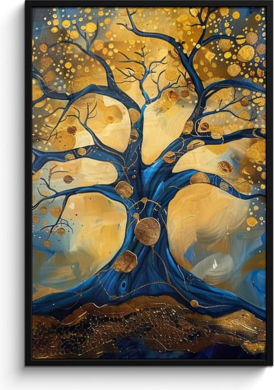 Poster in lijst - Fotolijst 80x120 cm - Posters - Boom - Levensboom - Blauw - Goud - Posterlijst zwart - Decoratie - Wanddecoratie woonkamer - Muurdecoratie slaapkamer