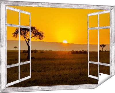 Gards Tuinposter Doorkijk Zonsopgang in de Savanne met een Boom - 150x100 cm - Tuindoek - Tuindecoratie - Wanddecoratie buiten - Tuinschilderij