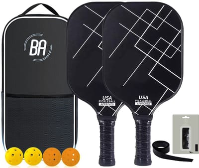 Best Active Pickleball Set - 2 Rackets & 4 Ballen - Carbon Fiberglass - Black Out - Inclusief Rackettas - USA Pickleball Goedgekeurde Set - Pickleball Paddle - Inclusief Ballen en Grip