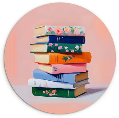WallCircle® Wandcirkel 120x120 cm - Muurcirkel Boeken - Stapel - Kleurrijk - Muurdecoratie woonkamer - Wanddecoratie slaapkamer - Kamer decoratie accessoires - Ronde schilderijen XXL