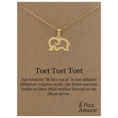 Stainless Steel Olifant ketting op Cadeau Kaartje - Toet toe toet - 45cm Goudkleurig Roestvrij Staal - Pax Amare