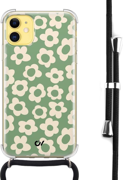 Casevibes - Telefoonhoesje met koord - Geschikt voor Apple iPhone 11 - Retro Cute Flowers - Groen -