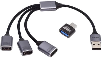 Allecto - 3-in-1 USB 2.0 Splitter Kabel - USB A naar 3 HUB met Power Data OTG - 26cm - Geschikt voor Telefoon Tablet Laptop - Ideaal voor dataoverd...