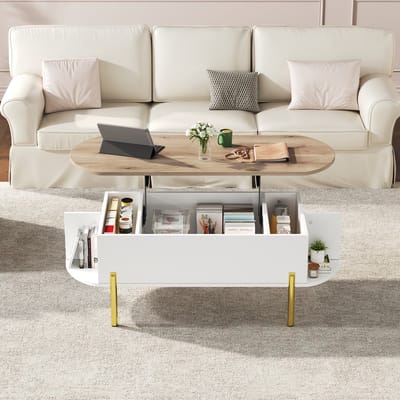 Wishdor Verstelbare Salontafel 120x50 cm met Opbergvakken en Hijsbare Tafelplaat tot 57,5 cm, MDF Wit/Naturel, Gouden Poten