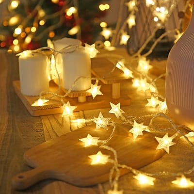 Led-verlichting lichtslinger volle hemel sterrenlicht buiten op de camping sfeerverlichting tent kleine witte bol lichtbel decoratieve lamp - kleine ster (warm licht) -3 meter 20 lamp batterijvak altijd helder met knipperende band-2 stuks