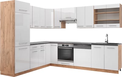 Vicco Hoekkeuken Fame-Line, Wit Hoogglans/Goudkleurig Eiken, 287 x 227 cm zonder werkblad