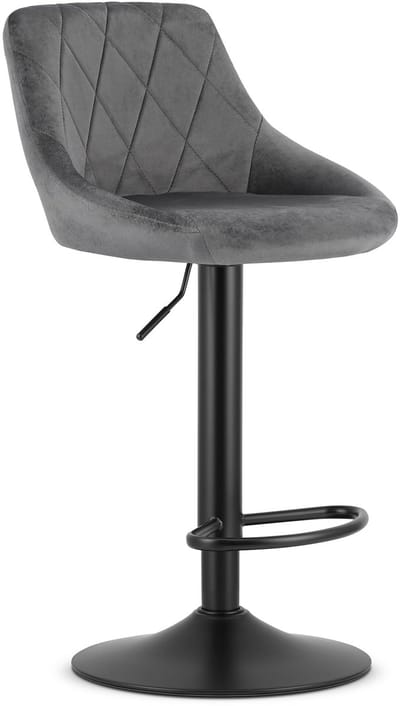 Barkruk AREX - Velvet Grijs, Mat Zwarte Basis, Rugleuning, Modern Design, Hoogte Verstelbaar, 360° Draaibaar, Max. 120 kg