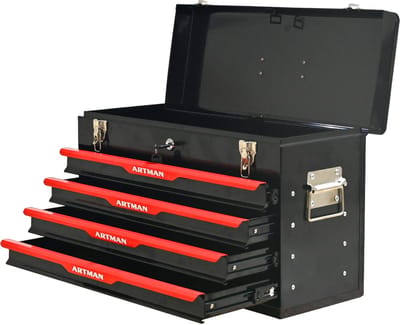 OKWISH Gereedschapskist Op Wielen – 3 Laden En Bovenvak – Draagbaar Voor Werkplaats Garage En Kantoor – Staal Zwart – 53,2×22,3×34,5 cm
