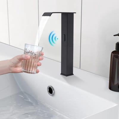 infrarood sensorarmatuur, zwart, 31 cm hoog, contactloze wastafelarmatuur met waterval-uitloop en instelbaar temperatuurventiel voor keuken en badkamer