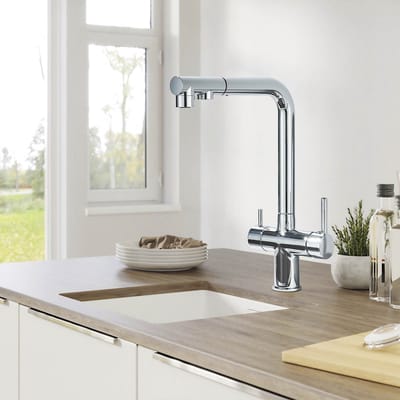 Chroom 3-weg Keukenkraan met Uittrekbare Douche - Voor Filterwater, Modern Design roestvrij stalen drinkwaterkraan, 360° draaibare kraan met dubbele hendel