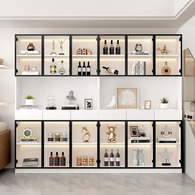 BLACKCOLORS Glazen kast, hoogte 200 cm, witte vitrine met ledverlichting, boekenkast met meerdere opbergruimtes voor verzamelingen, slaapkamer, woonkamer, kantoor, wit - zwart deurkozijn