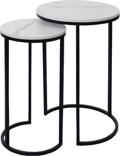 Set van 2 bijzettafels MCW-K46, salontafel nachtkastje loungetafel, marmeren look MDF ~ wit-zwart