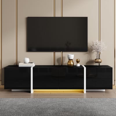 Wishdor Tv-Meubel - Hoogglans Zwarte Deurfronten - Met 3 Deuren En 1 Lade - Met Kabeldoorvoer - Spaanplaat - Zwart Wit - 170 X 30 X 39 Cm