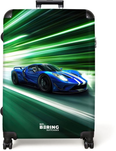 NoBoringSuitcases.com® - Koffer groot - Reiskoffer lichtgewicht - Blauwe raceauto met strepen in groene tunnel - Rolkoffer met 4 wielen - Grote trolley XL - 98 liter bagage