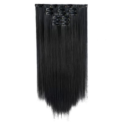 Zwart haar extensions dames clip in stijl lang steil haarstuk donker zwart kleur 6PS-1B natuurlijke uitstraling haar verlenging volumineus synthetisch haar extensions set