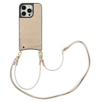 Selencia Hoesje - Geschikt voor Apple iPhone 14 Pro - Croco Backcover met koord en pashouder - Beige