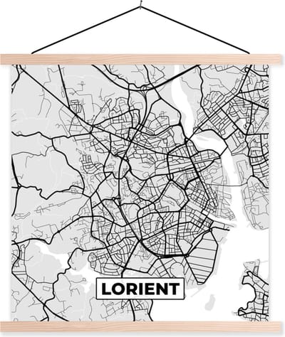 Posterhanger incl. Poster 40x40 cm - Schoolplaat - Frankrijk - Plattegrond - Kaart - Lorient - Stadskaart - Textielposter - Blanke latten - Stadskaart