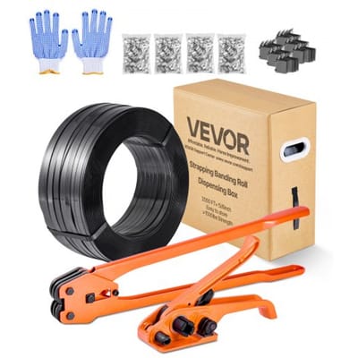 VEVOR 6-delige omsnoeringsset met omsnoeringsband, handmatig omsnoeringsgereedschap met 610 m PET-band, 600 metalen clips, 200 randbeschermers; perfecte werkplaatsuitrusting voor verpakken, transport en opslag.