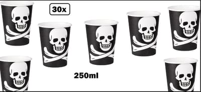30x Beker Piraat doodskop 250ml karton - Piraten doodshoofd horror drank griezel creepy festival thema feest party