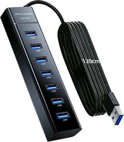 Thijox - 7-poorts USB-hub Actieve USB 3.0 Hub met Voeding - 5 Gbps, Type-C, 120 cm Kabel, Splitter 5V 3A voor PC, Laptop, MacBook - Voorkomt Spannings