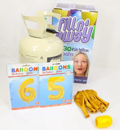 Verjaardag Versiering Pakket 65 jaar - Helium tank voor ballonnen - versiering ballon 65 Jaar Verjaardag Versiering Volwassenen - Ballonnen Goud & Krullint Goud - Ballonnen 65 jaar - Pakket 2 cijfers 34" + Helium Tank + 10 ballonnen + Krullint
