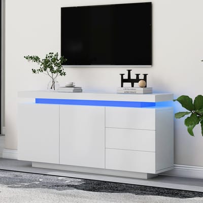 Woonkamer bijzetkast - opbergkast - staande kast - dressoir - 2 deuren 3 laden - met LED-verlichting - greeploos - 140x35x72,5 cm - wit
