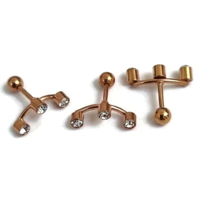Aramat Jewels | Piercings | Stijlvolle Piercing Helix Piercing 6mm - Rosékleur met Motief | 3 steentjes-15x3mm | |10mm | Staal | Volwassenen | Verkleurd niet