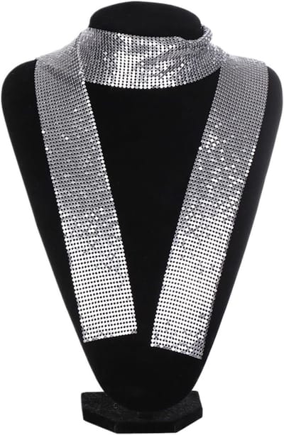 Pailletten Sjaal - Halsketting - Feestelijke Looks - Metalen Details - 140 x 6 cm - Zilver