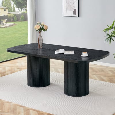 HAUSS SPOLE Eettafel - Ovale Tafel Met Geribbelde Zuilvoet - Voor Eetkamer En Keuken - MDF - Zwart