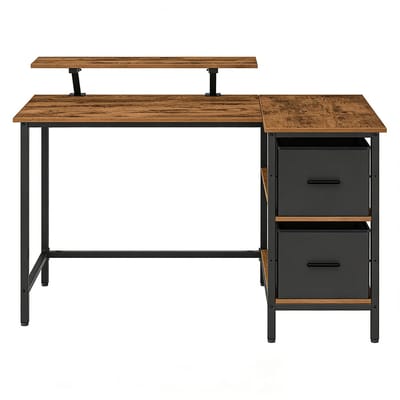 L-vormig bureau Hoekbureau 105×115×89,5 cm Retro bruin+zwart Met 2 laden, laden links of rechts monteerbaar, verstelbare opbergrek, monitorhouder, geschikt voor thuiswerkplek/slaapkamer/woonkamer