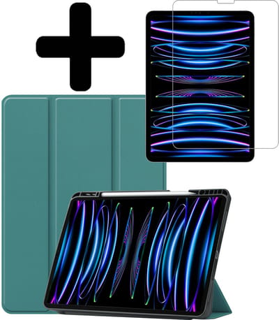 Hoes - Geschikt voor Apple iPad Pro (2022) - 12.9 inch - Met Screenprotector - Trifold Bookcase - Hard Cover Case - Met Uitsparing Geschikt voor Apple Pencil - Hardcover Book - Tablet Hoesje - Donkergroen